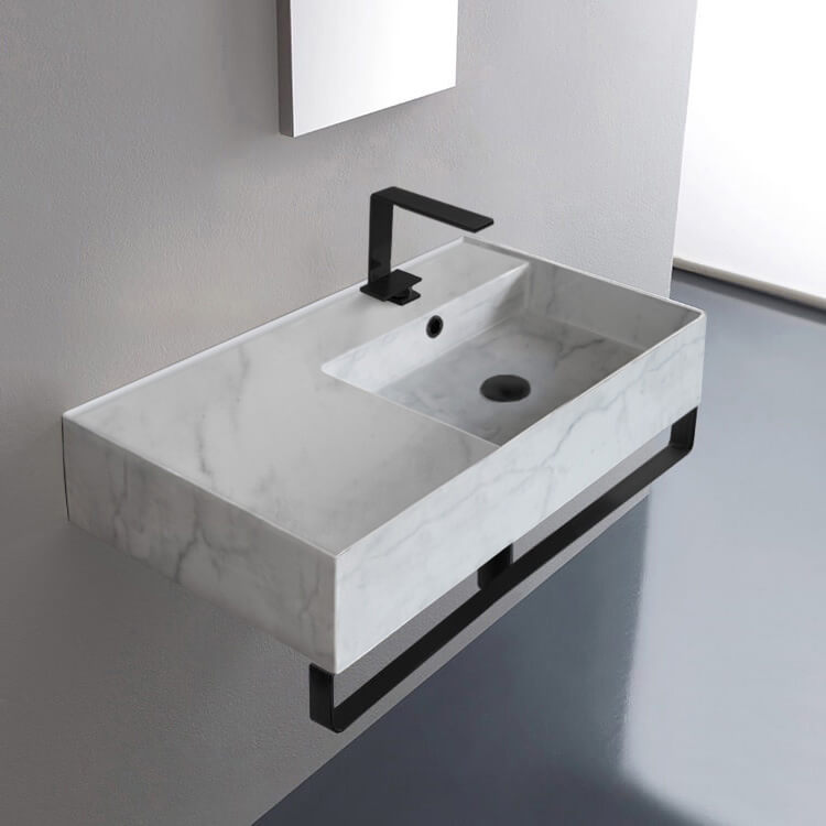 Scarabeo 5118-F-TB-BLK-One Hole Marble Design Ceramic Wall Mounted Sink With Matte Black Towel Bar